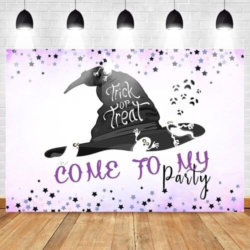 Welcome to Halloween Party Photographic Backdrop Trick or Treat Candy Children Party Background Ghost Purple Colorful Stars