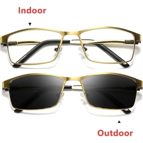 Photochromic Reading Glasses Men Progressive Multifocal CR-39 Resin Anti-Blue Ray Presbyopic Glasses Metal Frame Gold 1.5 2.5