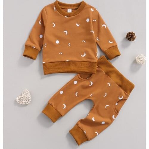 2Pieces Kids Baby Girls Boys Suit Set Sun Moon Print Cotton Long Sleeve Tops+Trousers with Pockets Clothing for Spring Fall