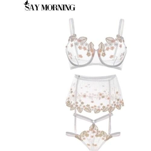 SAY MORNING Lace Embroidered Floral Bra and Panty Set Women See Through Lace Lingerie Underwire Bra Briefs Mesh Garter Belts Set