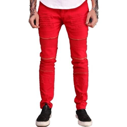 Mens Biker Jeans with Holes Hip Hop Steetwear Men Retro Jeans Knee Zipper Straight Streatch Destroyed Torn Denim Trousers Male