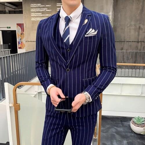 2021 Men Classic New Designs Fashion Suits Stripes Coat Pant Vest 3 Piece Set Slim Fit Cotton Business Blazers Jacket Trousers