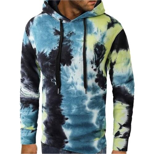 Mens Autumn And Winter Fashion 3d Tie-dye Printing Long-sleeved Rope Hooded Top Sweater Breathable Comfortable Leisure