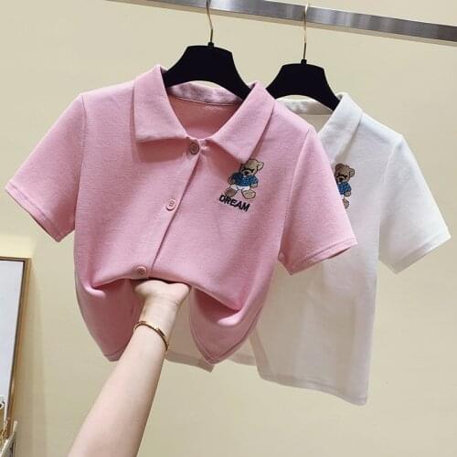Korean summer new Little bear embroidery Slim short Sleeve T Shirts short Women Fashion Tum-down collar Woman T Shirts Tops