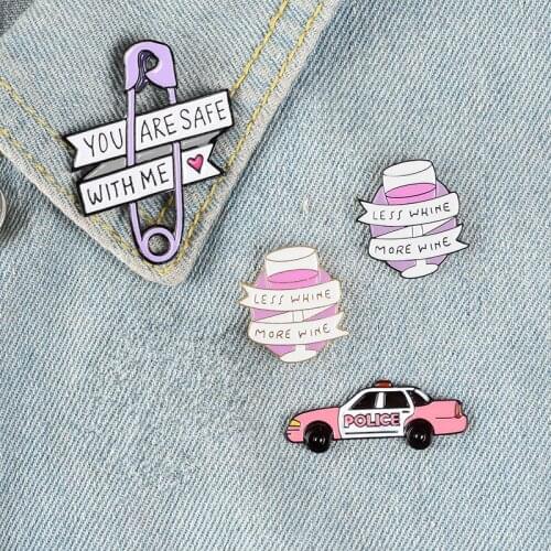 Pink Purple Enamel Pins Car Paper Clip Spray Wine Glass Badge Brooch Lapel pin Denim Jean bag Cartoon Jewelry Gifts for girls