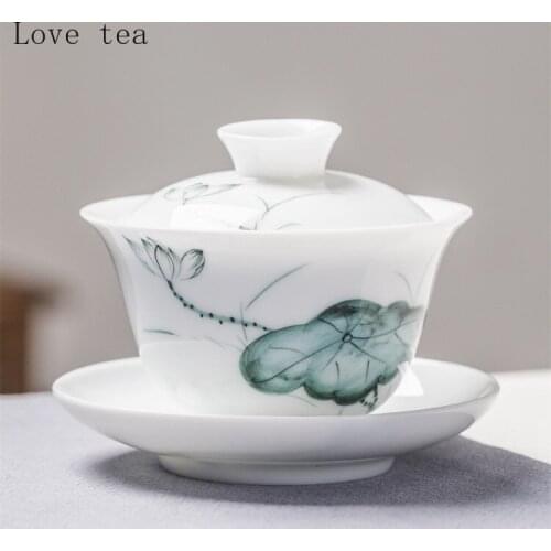Hand-painted three-color cover bowl teacup large independent white jade porcelain tea brewing Kung Fu tea set elegant lotus