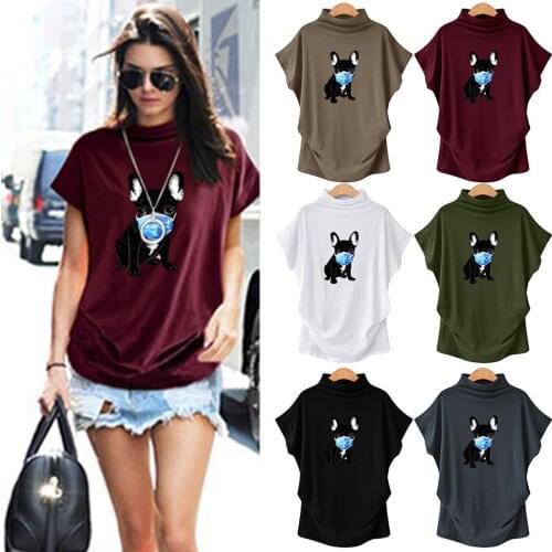 Dog pattern womens loose high collar printed short sleeve bottom shirt summer fashion T-shirt camisetas de mujer