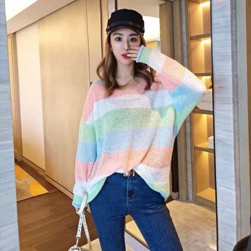 Cute Macaron Striped Rainbow Sweater Women Spring 2021 Korean Style V Neck Batwing Long Sleeve Oversized Sweater Pullover T363