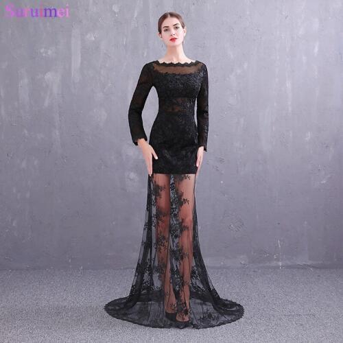 Long Sleeves Evening Dresses Sheer Illussion See Through Lace High Neck Transparent Skirt Sexy Backless Evening Gown Prom Dress