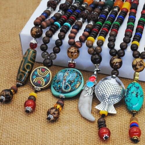 Vintage Handmade Nepal Necklace Buddhist Mala Wood Beads Pendant & Necklace Ethnic Horn Fish Long Statement Jewelry Women Men