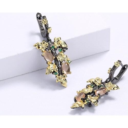 High Quality Elegant Black Gold Transparent Egg-Shape Gemstone Flower Earrings For Women Birthday Party Jewelry Gift
