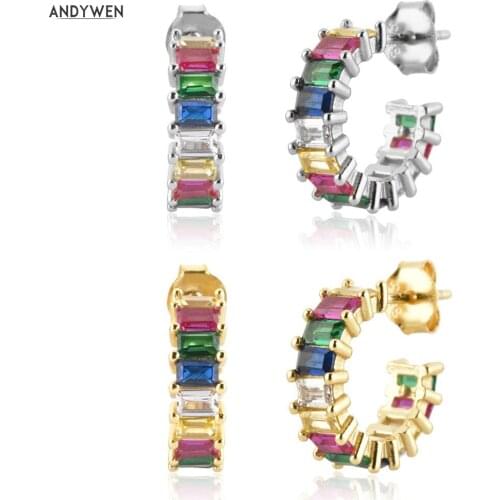 ANDYWEN 925 Sterling Silver Gold Rainbow CZ Piercing Hoops Earring Clips Pendientes 2021 Women Wedding Jewelry Crystal Loops