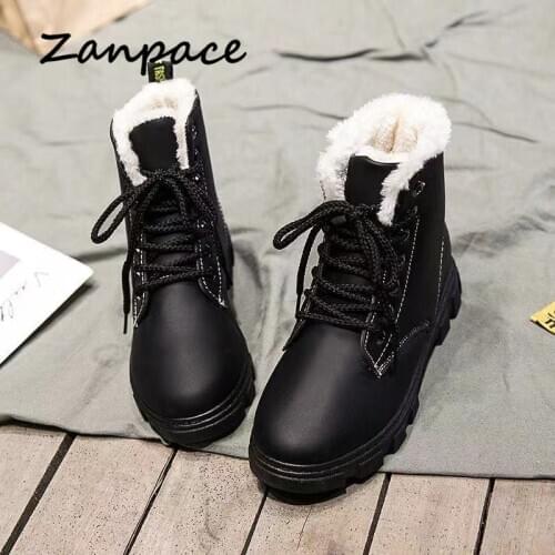 ZANPACE 2020 Winter Womens Boots Plus Velvet Snow Boots Leather Lace-Up Non-slip Shoes for Women Warm Black Platform Boots