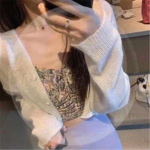 2021 Women Cardigan Summer Sun-proof Solid Fresh Temperament Crop Top Breathable Knitting Sweater Female School Girls Leisure