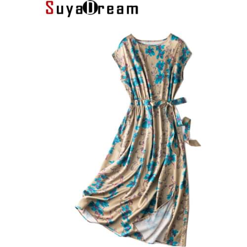 SuyaDream Woman Long Dress 19mm Silk Satin Floral Printed Bat Sleeved Sashes Dresses Black 2021 Spring Summer Dresses