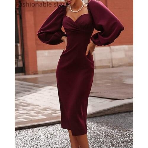 Women Elegant Solid Color Puff Sleeve Midi Dress Office Lady Off Shoulder Long Sleeve Dress