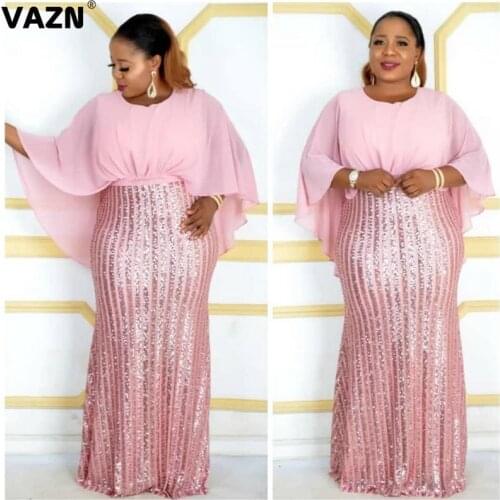 VAZN 2020 Hot Plus Sized High-end Heavy Industry Sequined Flaring Sexy Club Untidy Solid Half Sleeve High Waist Women Maxi Dress