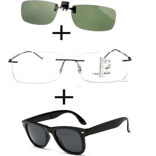 3Pcs!!! Titanium Progressive Multifocal Reading Glasses Men Women + Alloy Polarized Sunglasses High Quality + Sunglasses Clip