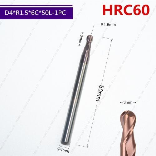 D4*R1.5*6C*50L-1PCS,Freeshipping HRC60 2 Flute ball nose CNC Tungsten carbide end mill, Tialn Coating milling cutter,spherical