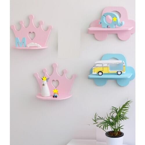 Nordic Style Decorative Shelf Children Room Nursery Cafe Wall Decoration Rack Crown Car Heart Cloud Dinosaur Shape Wooden Shelf