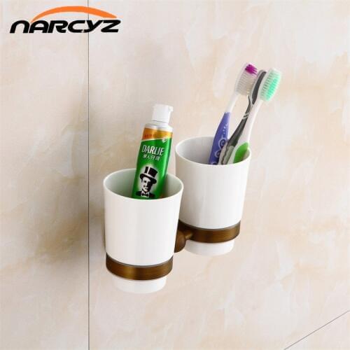 Cup & Tumbler Holders 2 Ceramic Cups Antique Brass Toothbrush Double Cup Holder Wall Bathroom Accessories Tumbler Rack 9144K