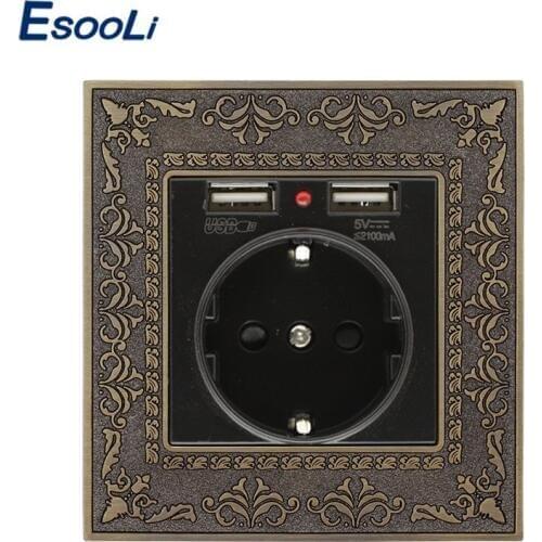 Esooli Zinc Alloy High End Retro Panel 16A Black EU Standard Power Wall Socket With Dual USB Charging Port Embossed Panel