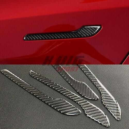 Glossy Soft glue Real Carbon Fiber For Tesla Model 3 2017 - 2019 Car Styling Side Door Handle Cover Trim Molding Accessories