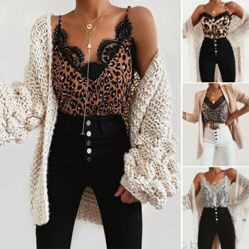 Sexy Women Lace Strappy Sleeveless Camisole Leopard Snake Print Tank Elegant Loose V Neck Vest Tank Top Silk Cami Satin Effect