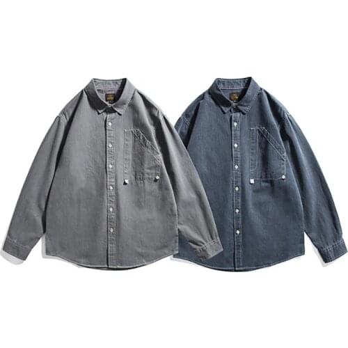 Autumn Vintage Spliced Long Sleeve Shirts Men Grey Dark Blue Casual Loose Outerwear Shirt Denim Solid Coats OverShirts 2021