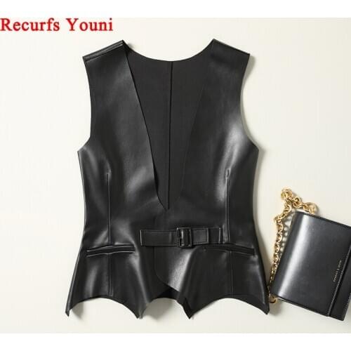 Genuine Leather Waistcoat For Women Female Sheepskin Personality Irregular Hem Deep V-neck Sleeveless Vest With Belt 2021 NEW
