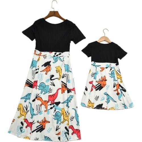 Mother and Daughter Matching Clothes Summer Short Sleeve Cartoon Print Pleated Dress Mommy and Me Dress Outfits