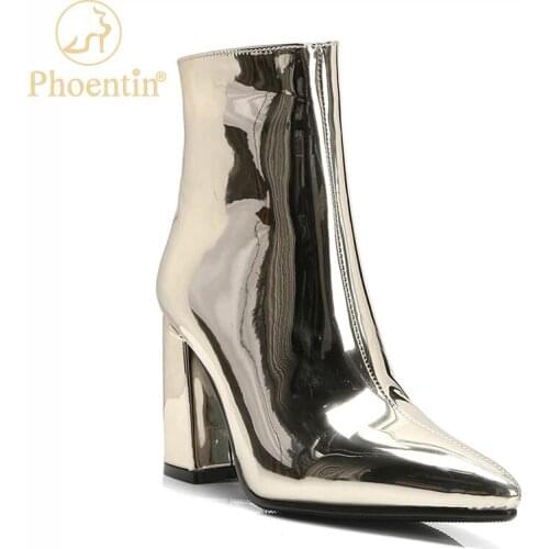 Phoentin Silver Womens spring footwear patent leather womens shoes pointed toe gold side zip short womens boots 2020 FT1182