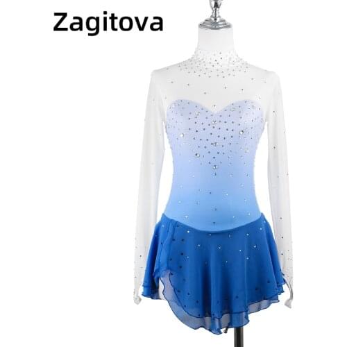 Custom Figure Skating Dress Womens / Girls' Ice Skating Dress Blue Halo Dyeing With Rhinestones