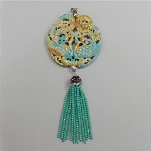 Charms Classic Traditional Chinese Ancient vintage Pattern yellow stone mint green beaded tassel hematite chain Pendant necklace