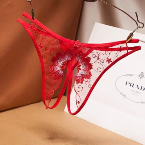 Transparent Lace G-String Thongs Women Lace Sexy Open Crotch Lace Lingerie T-Back Thongs Embroidered Mesh Yarn Perspective