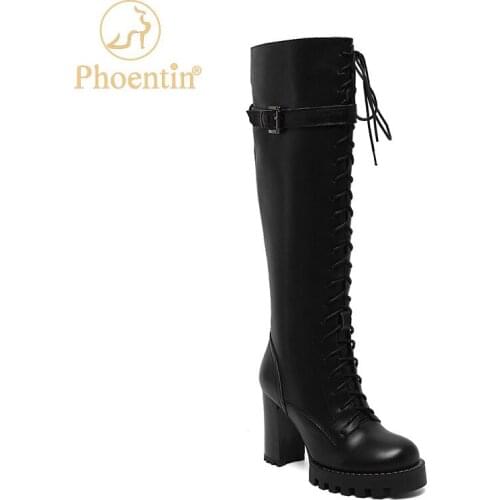 Phoentin Women Designer Genuine Leather high knee Riding Boots Autumn Winter Zipper High Heels Platform Round Toe Shoes FT1280