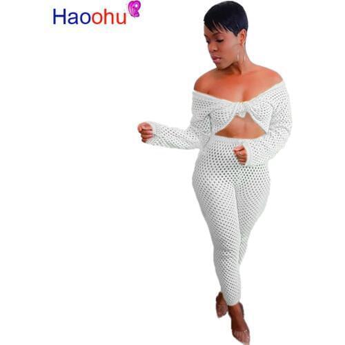 Sexy Fishnet Sheer Two Piece Set Off Shoulder Crop Top and Pants Set Women Festival Clothing Streetwear Club Outfits