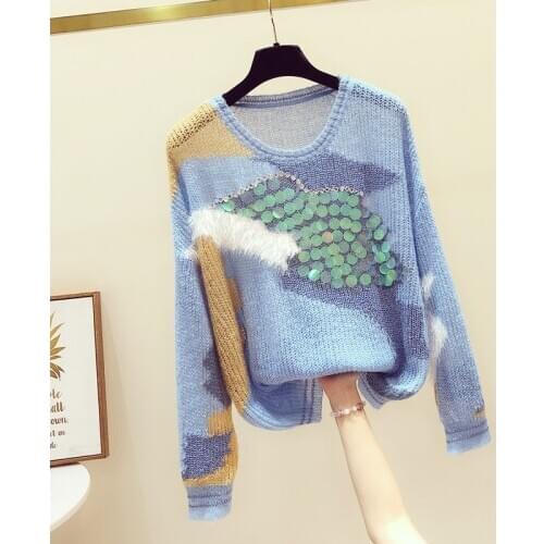 Sequin Patch Woolen Sweater Women Pullover 2020 Autumn New Style Loose Sweaters Casual Pullover Knitted Jumper Knitwear