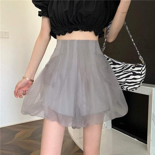 Summer Tutu Skirts Shorts Women Thin Gray Black Sweet High Waist Chiffon Shorts Mesh Stitching Beach Girls Casual Shorts C7590