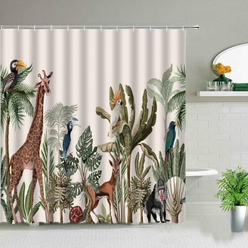Tropical plants palm leaves cartoon animals giraffe elephant lion shower curtain bathroom renovation home decoration