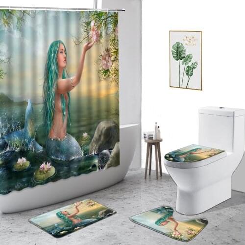 Mermaid Shower Curtain Sexy Beauty Fishtail Green Ocean Lotus Home Decor Curtains Set Non-Slip Bath Mat Toilet Cover With Hooks