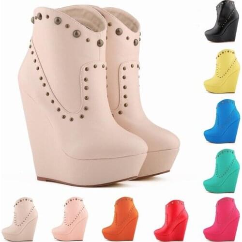 Female Snow Boots Winter Boots women Rivet Wedges 14CM Heels pu Ankle Round Toe Basic Solid women boots Large size 35-42