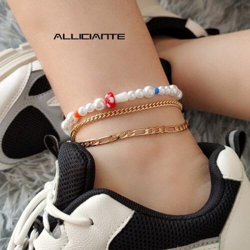 3 Pcs Sweet Mushroom Beaded Anklet For Women White Imitation Pearls Bead Metal Chain Ankle Bracelets Beach Foot Vacation Jewelry