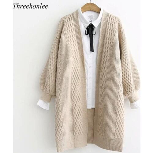 Long Sweater Cardigans For Women 2021 Spring Lantern Sleeve Stitch Loose Korean Sweet Sweater Jacket Female Knit Coat