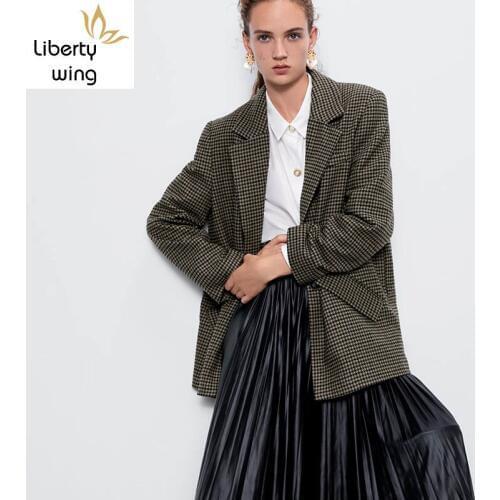 Women Woolen Coat Autumn Winter Brand Loose Plaid Medium Long Casual Blazer Streetwear Single Button Lapel Suit Jacket Female