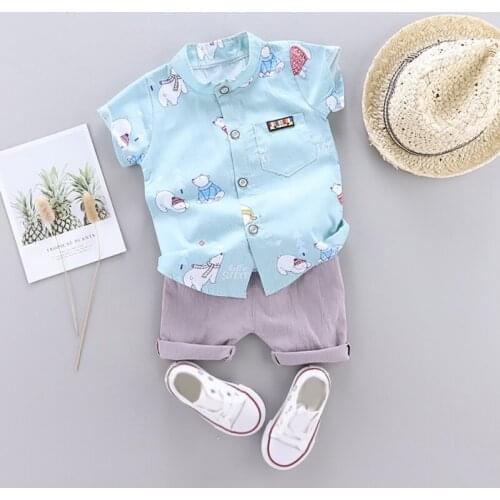 2 Pcs Children Cartoon Bear Short Sleeve Stand Collar Tops+Solid Color Pants