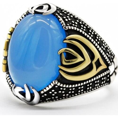 Big Blue Agate Stone Ring for Men 925 Sterling Silver Hand of God Vintage Gemstone Male Rings Turkish Handmade Punk Jewelry Gift