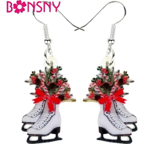 Bonsny Acrylic Christmas Skates Flower Decoration Earrings Drop Dangle Xmas New Year Gift Jewelry For Women Girls Charms Natal