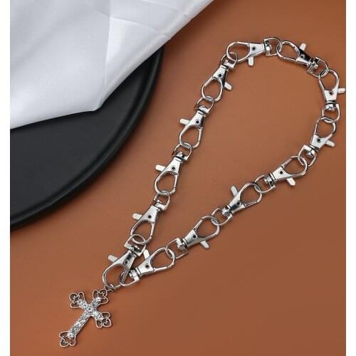 Lifefontier Punk Rhinestone Cross Pendant Choker Necklace for Women Men Keychain Link Chain Necklace Couple Jewelry Gifts
