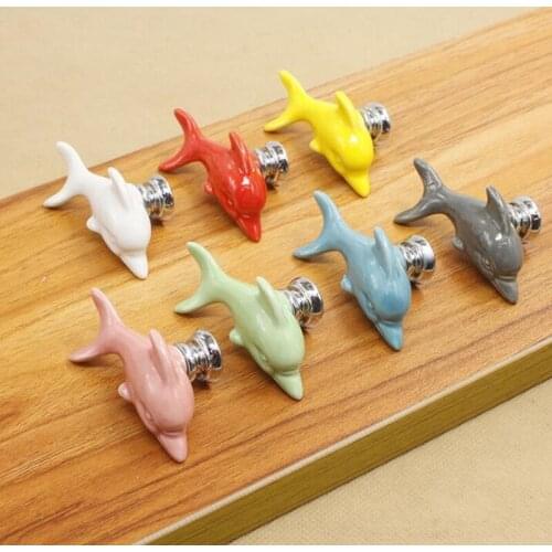 Childrens Room Bookcase Wardrobe Cute Ceramic Handle Single Hole White Dolphin Ocean World Cartoon Small Knob Handles